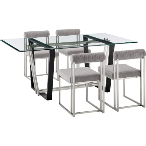 Kai & Anastasia 5 Piece Dining Set in Brushed Stainless Steel, Glass & Light Gray Fabric