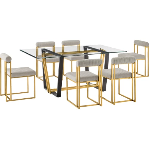 Kai & Anastasia 7 Piece Dining Set in Brushed Gold Stainless Steel, Glass & Taupe Fabric