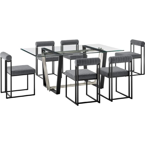 Kai & Anastasia 7 Piece Dining Set in Matte Black Iron, Glass & Anchor Gray Fabric