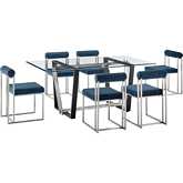 Kai & Anastasia 7 Piece Dining Set in Brushed Stainless Steel, Glass & Blue Fabric