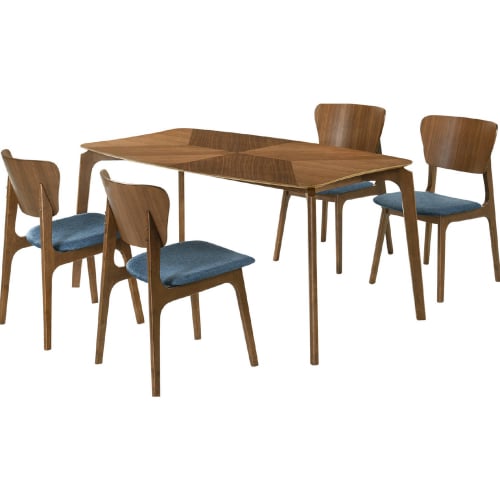 Kalia 5 Piece Dining Set in Walnut Finish Wood & Blue Fabric