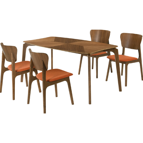 Kalia 5 Piece Dining Set in Walnut Finish Wood & Orange Fabric