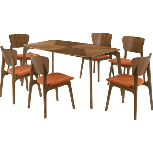 Kalia 7 Piece Dining Set in Walnut Finish Wood & Orange Fabric