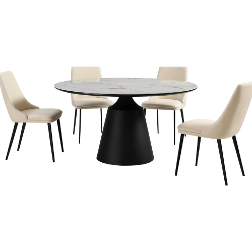 Knox & Genesis 5 Piece Dining Set in White Stone, Black Metal & Beige Leatherette