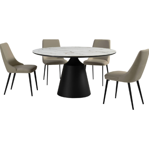 Knox & Genesis 5 Piece Dining Set in White Stone, Black Metal & Taupe Leatherette