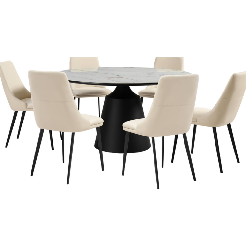 Knox & Genesis 7 Piece Dining Set in White Stone, Black Metal & Beige Leatherette