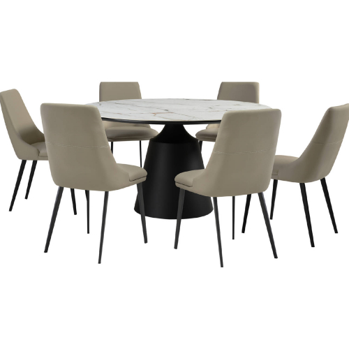 Knox & Genesis 7 Piece Dining Set in White Stone, Black Metal & Taupe Leatherette