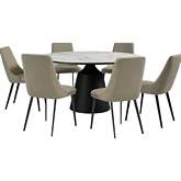 Knox & Genesis 7 Piece Dining Set in White Stone, Black Metal & Taupe Leatherette