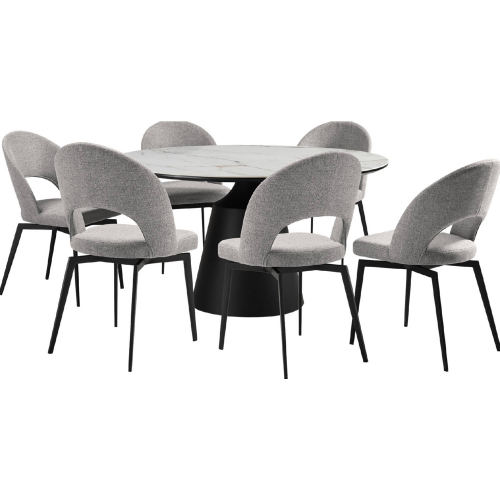 Knox & Lucia 7 Piece Dining Set in White Stone, Black Metal & Gray Fabric