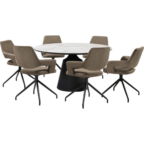 Knox & Penny 7 Piece Dining Set in Stone, Black Metal & Brown Fabric