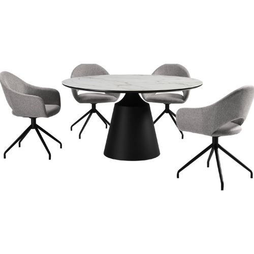 Knox & Pria 5 Piece Dining Set in White Stone, Black Metal & Gray Fabric