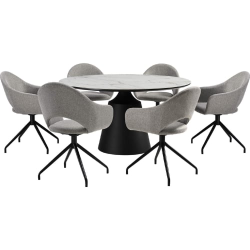 Knox & Pria 7 Piece Dining Set in Stone, Black Metal & Gray Fabric