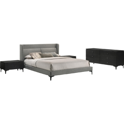 Legend 4 Piece Queen Bedroom Set in Gray Fabric King & Black Metal