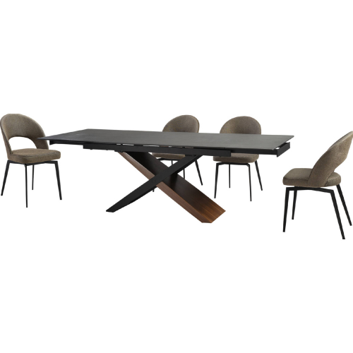 Milena & Lucia 5 Piece Dining Set in Stone, Walnut, Black Metal & Brown Fabric