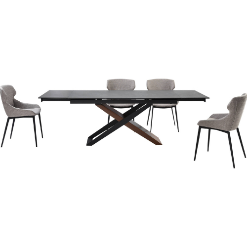 Milena & Kenna 5 Piece Dining Set in Stone, Walnut, Black Metal & Gray Fabric