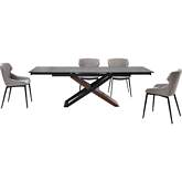 Milena & Kenna 5 Piece Dining Set in Stone, Walnut, Black Metal & Gray Fabric