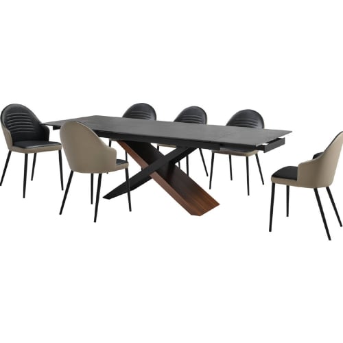 Milena & Rocco 7 PC Dining Set in Stone, Walnut, Black & Taupe Gray & Black Leatherette