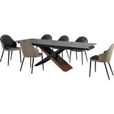 Milena & Rocco 7 PC Dining Set in Stone, Walnut, Black & Taupe Gray & Black Leatherette