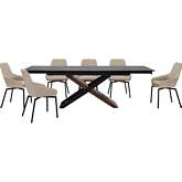 Milena & Shilo 7 Piece Dining Set in Stone, Walnut, Black & Champagne Leatherette