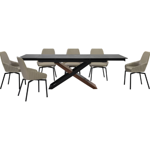 Milena & Shilo 7 Piece Dining Set in Stone, Walnut, Black & Taupe Gray Leatherette