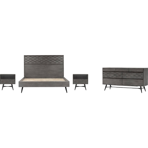 Makena 4 Piece King Bedroom Set in Grey Acacia Wood & Black Metal