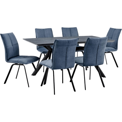 Margot & Rylee 7 Piece Dining Set in Black, Charcoal & Blue Fabric