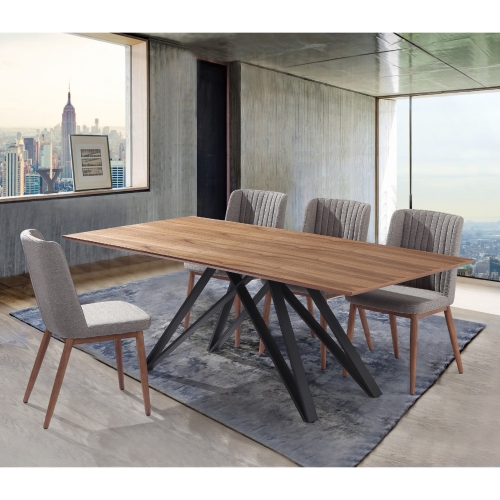 Modena & Wade 5 Piece Dining Set in Walnut, Black Metal & Gray Fabric