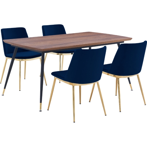 Messina 5 Piece Dining Set in Walnut, Black Metal & Blue Velvet