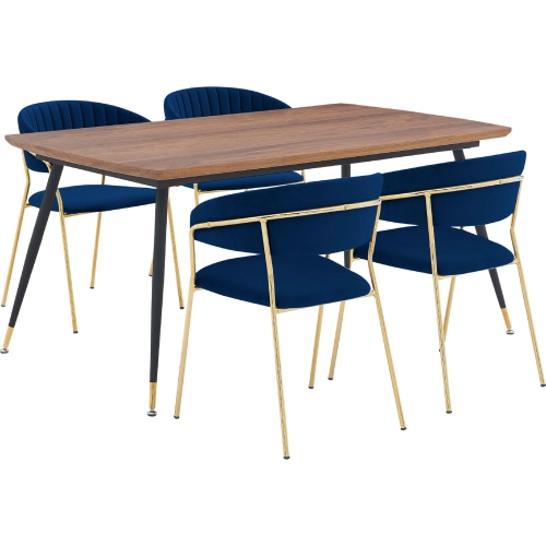 Messina & Nara 5 Piece Dining Set in Walnut, Black Metal & Blue Velvet