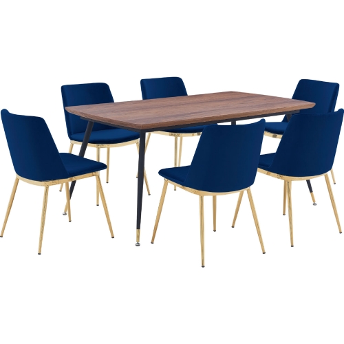 Messina 7 Piece Dining Set in Walnut, Black Metal & Blue Velvet