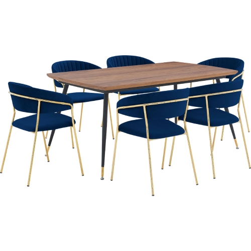 Messina & Nara 7 Piece Dining Set in Walnut, Black Metal & Blue Velvet