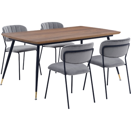 Messina & Carlo 5 Piece Dining Set in Walnut, Black Metal & Grey Velvet