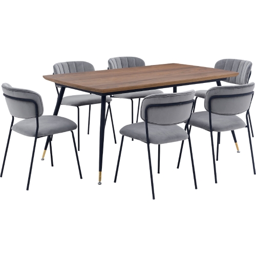 Messina & Carlo 7 Piece Dining Set in Walnut, Black Metal & Grey Velvet