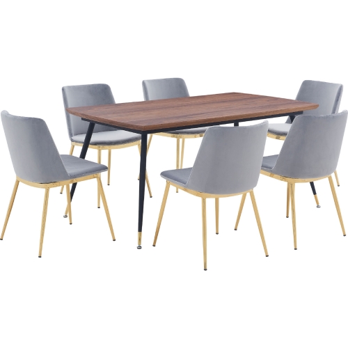 Messina 7 Piece Dining Set in Walnut, Black Metal & Grey Velvet