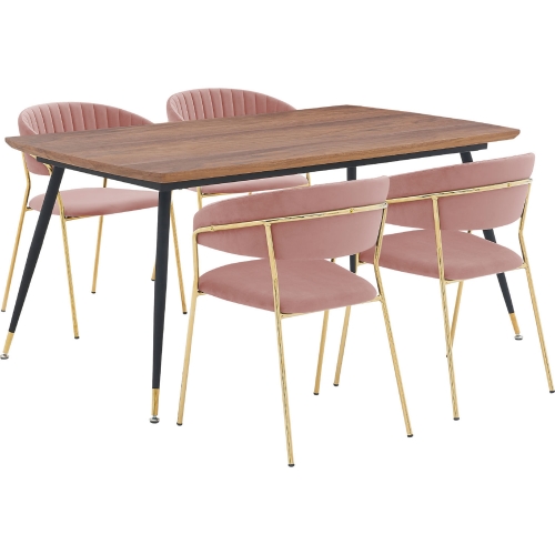 Messina & Nara 5 Piece Dining Set in Walnut, Black Metal & Pink Velvet