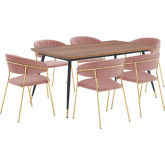 Messina & Nara 7 Piece Dining Set in Walnut, Black Metal & Pink Velvet