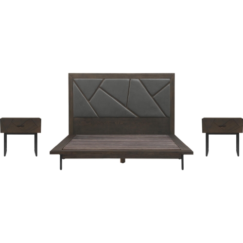 Marquis 3 Piece Queen Bedroom Set in Smoke Oak, Grey Leatherette & Black