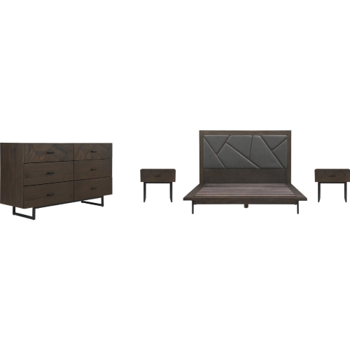 Marquis 4 Piece Queen Bedroom Set in Smoke Oak, Grey Leatherette & Black