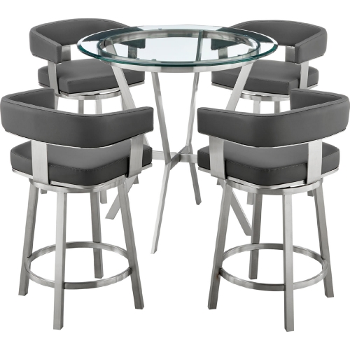 Naomi & Lorin 5 PC Counter Dining Set in Grey Leatherette & Steel