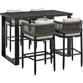 Alegria Outdoor 5 PC Bar Set in Black Aluminum, Grey Rope & Fabric