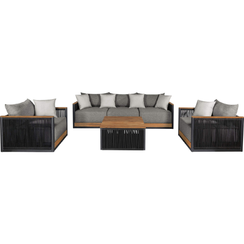 Artesia Outdoor 4 Piece Sofa Set in Teak, Black Rope & Dark Gray Olefin