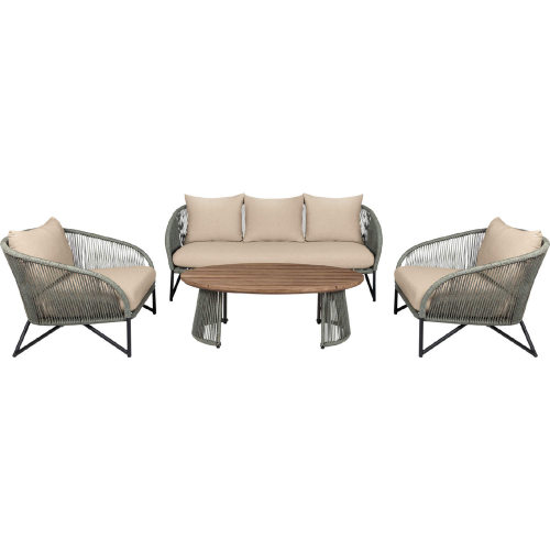 Benicia Outdoor 4 Piece Sofa Set in Weathered Wood, Metal, Gray Rope & Taupe Fabric