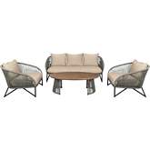 Benicia Outdoor 4 Piece Sofa Set in Weathered Wood, Metal, Gray Rope & Taupe Fabric