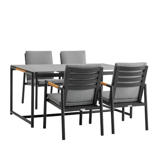 Crown Outdoor 5 Piece Dining Set in Gray Fabric, Black Aluminum & Teak