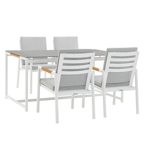 Crown Outdoor 5 Piece Dining Set in Gray Fabric, White Aluminum & Teak