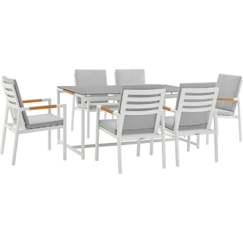 Crown Outdoor 7 Piece Dining Set in Gray Fabric, White Aluminum & Teak