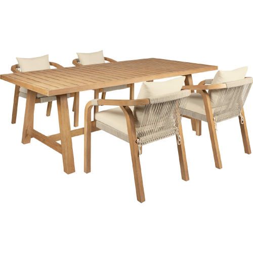 Cypress Outdoor 5 Piece Dining Set in Blonde Eucalyptus, Light Gray Rope & Ivory Olefin Fabric