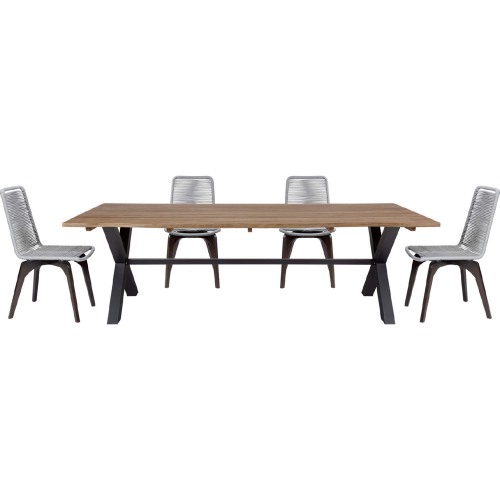 Glendora & Island Outdoor 5 Piece Live Edge Dining Set in Eucalyptus Wood & Silver Rope