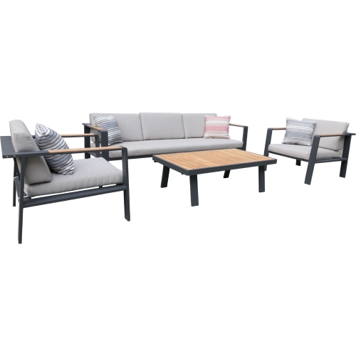 Nofi 4 Piece Outdoor Sofa Set in Gray Metal & Teak w/ Taupe Fabric