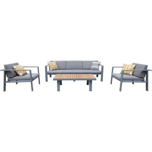 Nofi 4 Piece Outdoor Sofa Set in Gray Metal & Teak w/ Grey Fabric